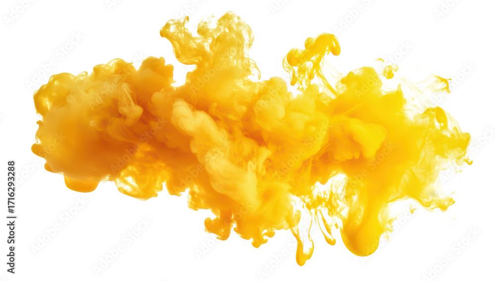 Poster a explosion of yellow ink swirling in water. creating dynamic shapes and textures. set against a cle