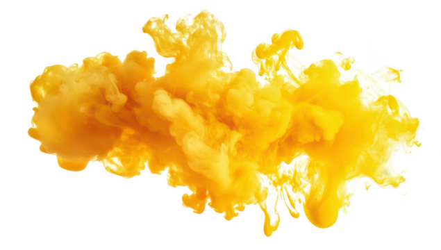 A explosion of yellow ink swirling in water. creating dynamic shapes and textures. set against a clean white background. ideal for creative projects or artistic expressions
