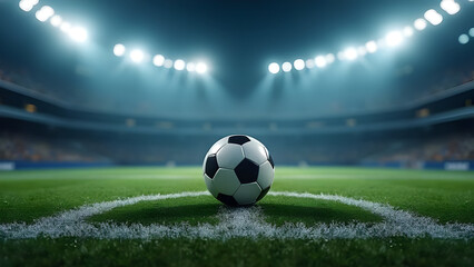 Fototapeta premium Football positioned on field markings under spotlights