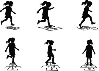 Silhouette of children playing hopscotch, outdoor kids game, active lifestyle, childhood fun, traditional playground activity