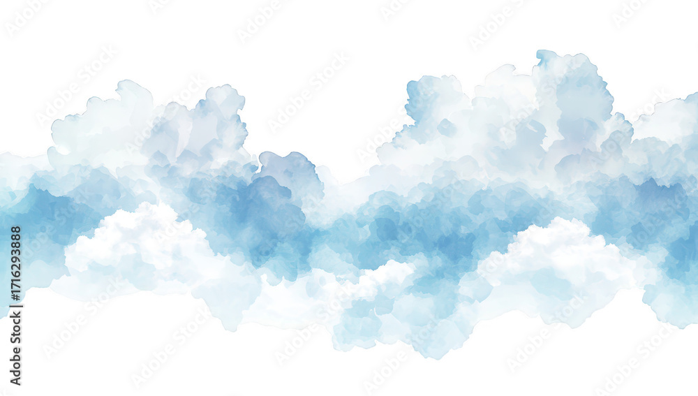 Poster a serene and calming watercolor illustration of fluffy clouds in various shades of blue and white. c