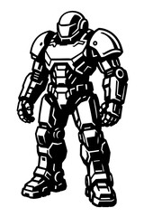 Fototapeta premium Futuristic combat robot black and white vector art, heavily armored, robust mecha warrior, sci-fi illustration, powerful stance, ideal for game assets, graphic novels, concept art, showcasing advanced