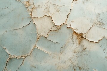 Obraz premium A close-up view of a weathered surface with numerous deep cracks, exhibiting a muted palette of light gray and beige tones.