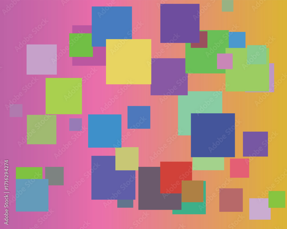 Poster overlapping colorful squares on a pink and yellow gradient background