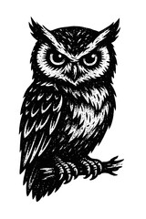 Fototapeta premium Black and White Owl Illustration: Majestic nocturnal bird art, distressed woodcut style, intricate feather details, powerful piercing gaze. Ideal for vintage art, rustic decor, nature designs, graphic