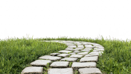 A winding stone pathway meanders through lush green grass under a clear sky. inviting exploration and tranquility. ideal for outdoor activities or nature-themed projects