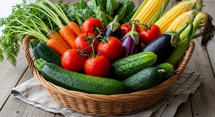 Abundant Wicker Basket Overflowing with Fresh, Vibrant Garden Vegetables on Rustic Wooden Surface.