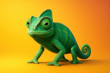 Obraz premium Vivid green chameleon with characterful eyes on yellow background ideal for educational visuals animal concepts and creative ads