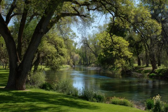 Verdant Canopy: Springtime Trees Along the Tuolumne River in Modesto, California's Nature Park