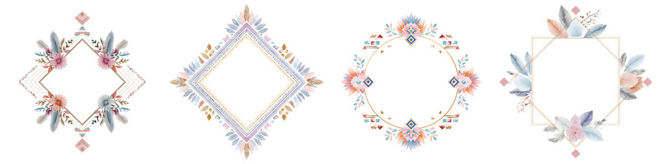 Watercolor Floral Frames: Boho Style Design Elements on White