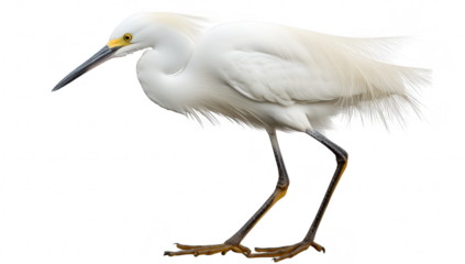 A graceful snowy egret in a poised stance. its elegant feathers and striking yellow eyes. set against a clean white background. perfect for nature-themed projects