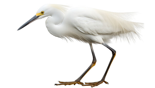 A graceful snowy egret in a poised stance. its elegant feathers and striking yellow eyes. set against a clean white background. perfect for nature-themed projects