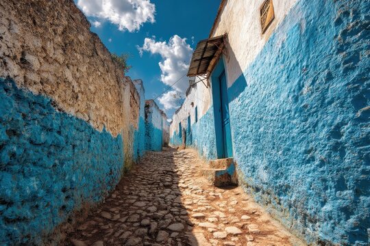 Charming Narrow Alleyway in Harar: A Glimpse of Ethiopia's UNESCO Heritage with Blue Skies and Beautiful Clouds
