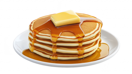 A stack of fluffy pancakes drizzled with golden syrup and topped with a pat of butter. served on a white plate. evoking a warm and inviting breakfast scene