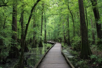 Congaree National Park Boardwalk Through Lush Green Trees in Summer Season