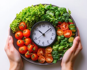 Hands holding a plate of fresh vegetables and a clock