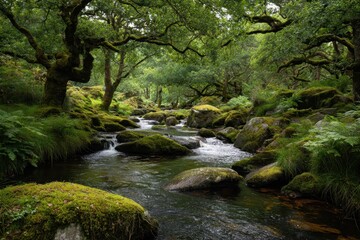 Obraz premium Enchanting Wistmans Wood: A Serene Forest Scene with Lush Green Trees and Tranquil Streams Flowing Among Moss-Covered Rocks