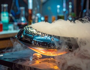 A scary and spooky Halloween ghost materializes from a bubbling chemical reaction in a mad scientist's lab