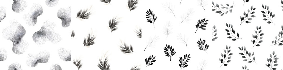 Obraz premium Seamless black and white background pattern of leaves and nature elements. Digital illustration