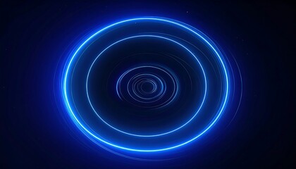 Glowing concentric circles emanate blue light against a dark backdrop, creating a tunnel-like visual effect. Small specks of white dots appear