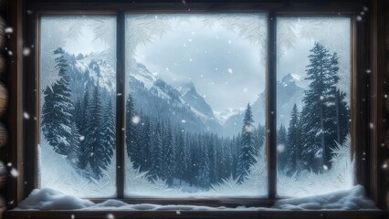 Snowy window view of winter mountains and forest