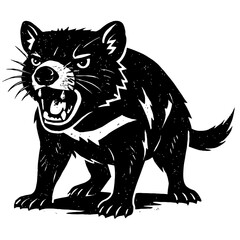 Obraz premium Experience the raw power of a snarling Tasmanian Devil, an iconic Australian marsupial captured in a striking black and white illustration. This fierce, high-contrast artwork showcases its ferocious n