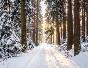 Sunlit winter forest path