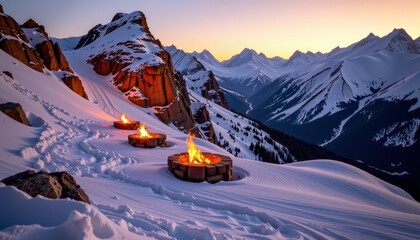 Winter bonfire gathering mountain range photography snowy landscape sunrise view serenity and warmth