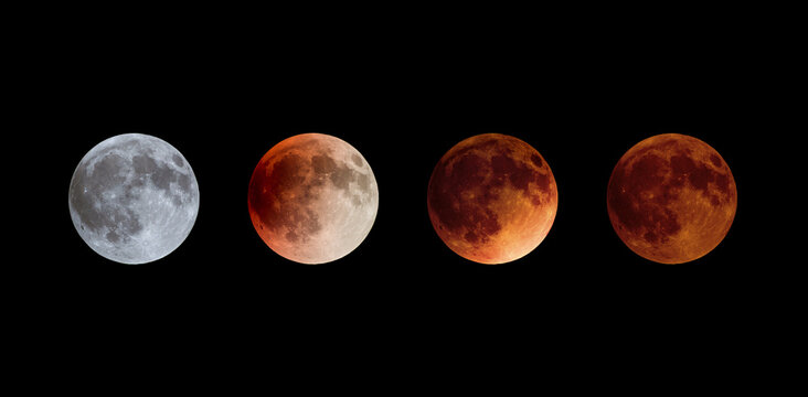 phases of the moon during a total lunar eclipse showing transition from bright full moon to dark red blood moon 