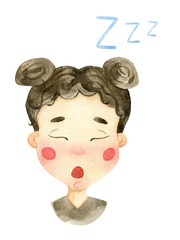 Sleepy girl watercolor illustration isolated on white background. Girl's face character design. Tired emotion. Female kid person poster card. Cartoon yawning girl.