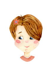 Girl watercolor illustration on white background. Girl's face character design. Shy emotion. Female kid person poster card. Cartoon ginger girl.