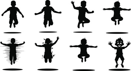 Silhouette of kids jumping with joy, children playtime, happy childhood moments, fun activity, energetic lifestyle