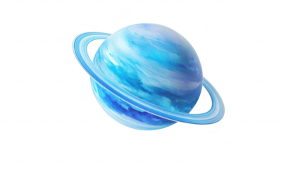 A beautifully rendered artistic depiction of a blue planet with rings. swirling clouds and colors. set against a clean white background. ideal for educational and creative projects