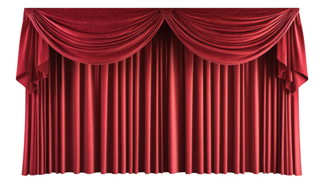 A rich. red velvet curtain drapes elegantly. creating an inviting atmosphere for a theatrical performance. with subtle shadows enhancing the texture and depth of the fabric