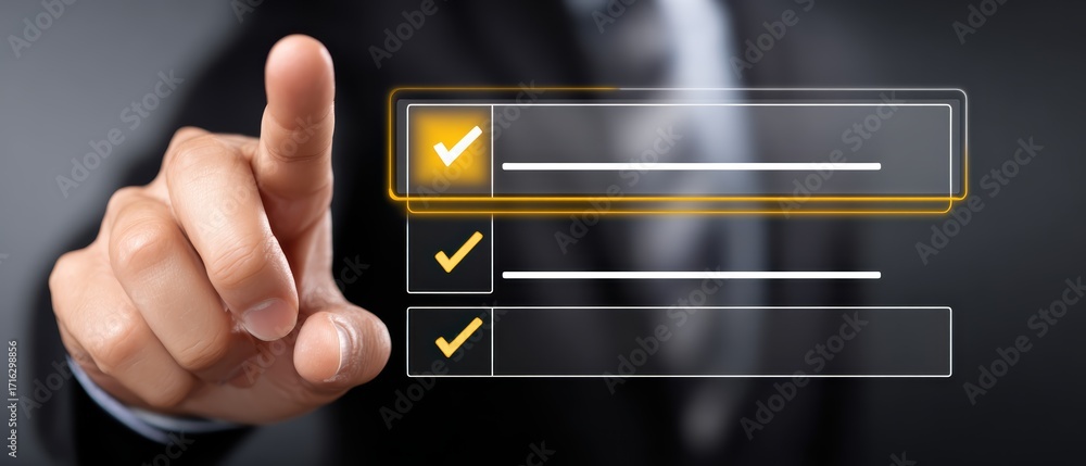 Poster a hand in a suit interacts with a digital checklist, symbolizing task completion and modern technolo