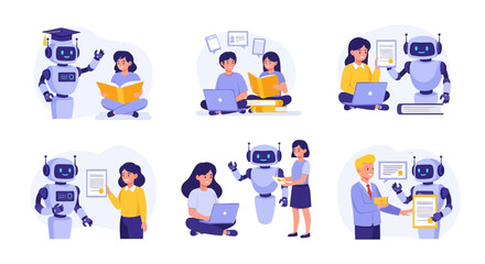 Fototapeta premium A set of flat vector illustrations depicting people and robots in modern online education