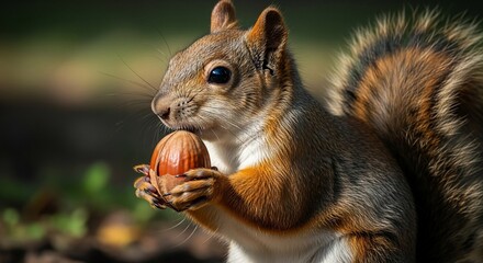 Obraz premium Close-up of a Squirrel Holding and Eating an Acorn, Soft Focus and Natural Light.