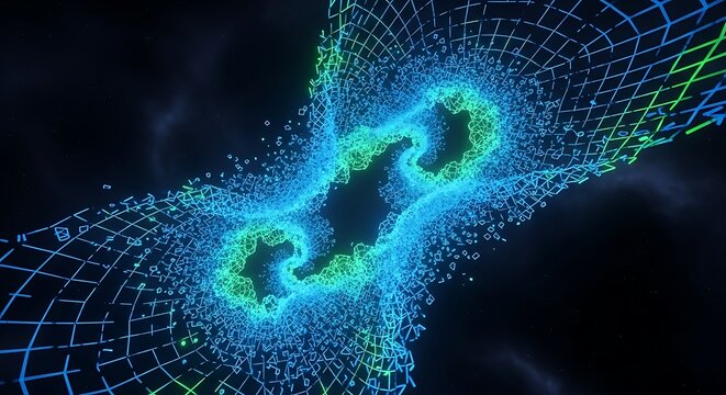 Fractal dimension exploration with neon grid and digital wave effect