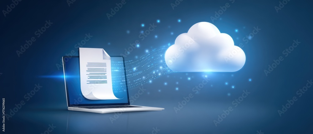 Aufkleber a digital illustration depicting a laptop with a document transferring to a cloud, symbolizing cloud