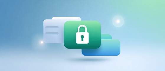 A digital illustration featuring a locked padlock icon on a green background with overlapping rectangular shapes, symbolizing data security and privacy.