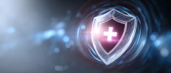 A glowing shield icon with a cross, symbolizing protection and security, set against a sleek, high-tech background.