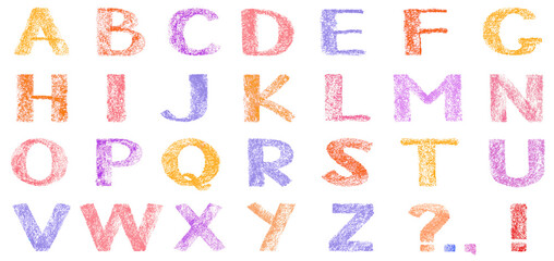 Сolored grunge alphabet of capital letters, painted font of pastel chalk texture