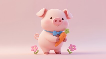 Cute cartoon pig holding a carrot, surrounded by flowers, in a playful pastel setting.