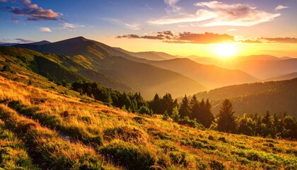 Golden Sunset Over Mountain Ridges With Trees and Meadow Landscape Scenery with a Warm Glow Sun Rays and Cloudscape in the Background