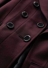 Close-up of a burgundy double-breasted blazer showcasing its texture and five dark buttons
