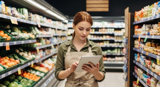 Retail worker managing inventory on tablet in grocery store aisle - Powered by Adobe