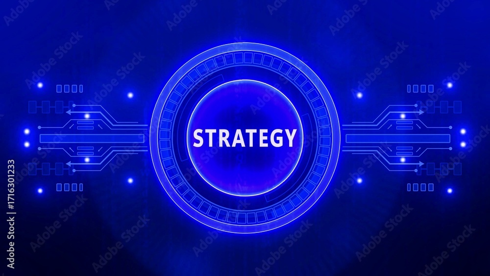 Poster neon blue digital circle with the word strategy in the center and futuristic circuit patterns