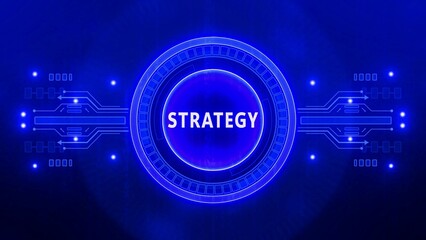 Neon blue digital circle with the word STRATEGY in the center and futuristic circuit patterns