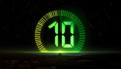 Glowing countdown timer displaying "10" against a dark starry sky over a mountain range. Digital display glows