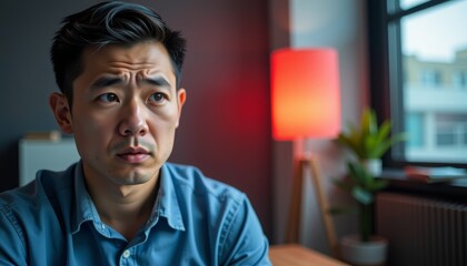 Contemplative man in modern room cityscape portrait cozy environment thoughtful viewpoint emotional depth